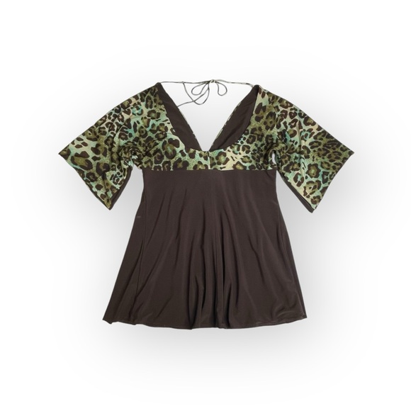 Linda Segal ⌘ Braided Belt Plunging Neckline Top ⌘ Chocolate Mint Leopard ⌘ L ⌘ - Picture 14 of 16